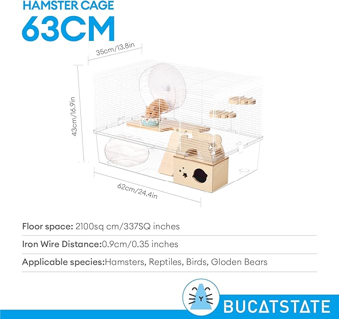 BUCATSTATE Hamster Cage 3-Level with Accessories, Includes Free Exercise Wheel, Water Bottle, Food Bowl & Hamster Hideout, Large Hamster Cage for Dwarf Hamster, Mice, Degus (24.4" L*13.7 "W*16.9" H)-PawvioPets