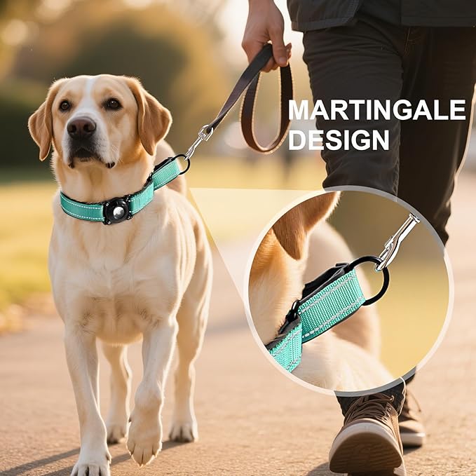 Airtag Dog Collar with Martingale Design, IP68 Waterproof Air Tag Collar Holder, Adjustable Reflective Soft Padded Nylon Dog Collar for Large Medium Small Dogs-PawvioPets