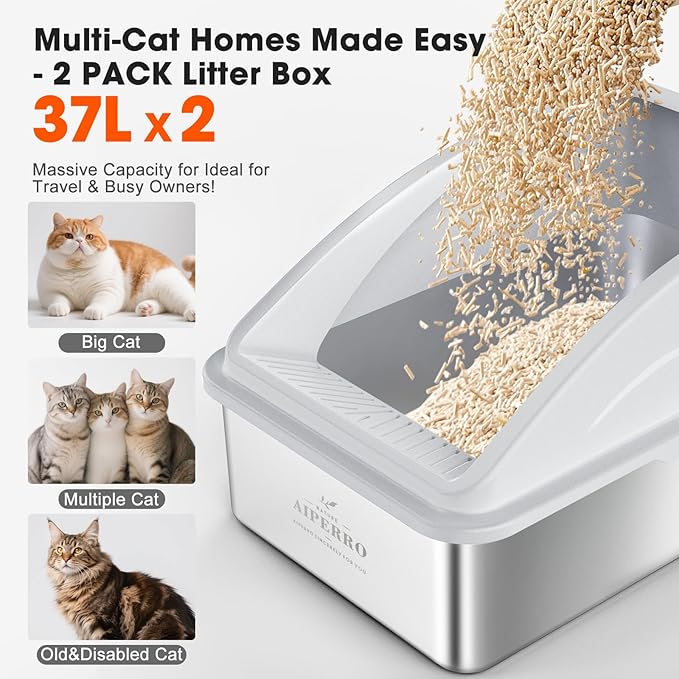 2 Pack Stainless Steel Litter Box | XL Enclosed Cat Litter Boxes with Lid for Big Cats and Multi-Cats | High Sided, Anti-Urine Leakage | Non-Stick Bottom（Silver Gray）-PawvioPets