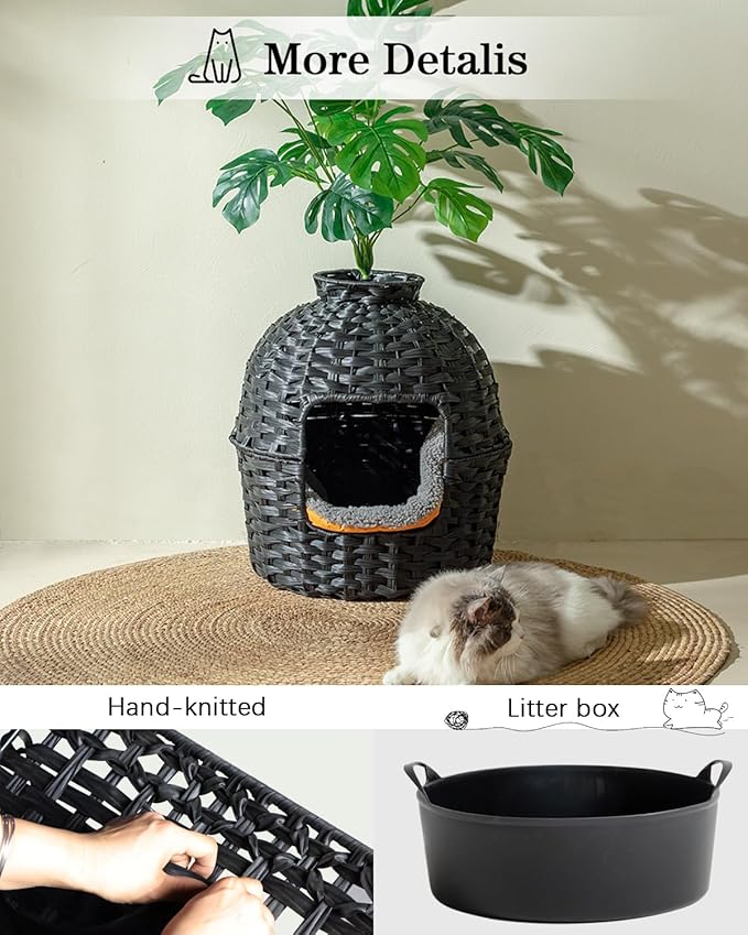 Cat Litter Box Plant Furniture Enclosure, Hidden Handwoven Rattan with Cat Litter Box and Artificial Plants, Odor Control Filter, Real Stones in Living Room, Bedroom, Corner (Black)-PawvioPets