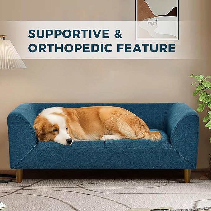 Dog Sofa Couch for Medium to Large Dogs, Memory Foam Dog Sofa Bed, Modern Elevated Pet Couch Bed with Wooden Legs, Light Grey-PawvioPets