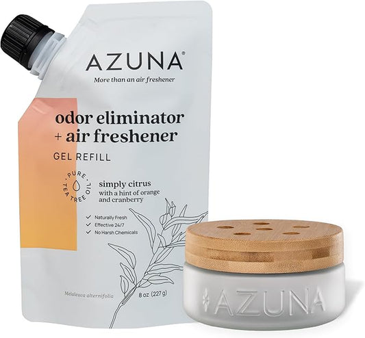 Azuna Air Freshener & Odor Eliminator for Strong Odor | 1 Room Kit Includes (1) Empty Luxe Glass Jar & 8oz Refill with Tea Tree Essential Oil Gel | Simply Citrus | Last 60-90 Days-PawvioPets