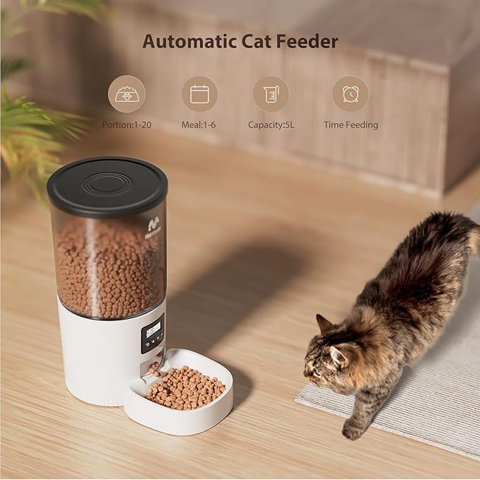 Automatic Cat Feeders, 5L Large Capacity, Timed Feeding Dry Food, Dual Power Design, Programmable Portion Size, 1-6 Meals Per Day, with Desiccant Packet, Suitable for Small Pets Food Dispenser-PawvioPets