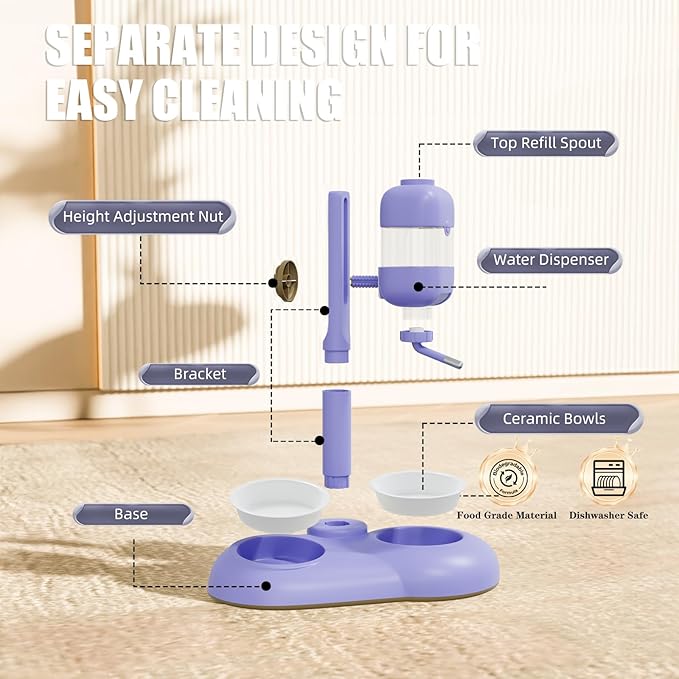 Dog Bowls with Puppy Weaning Bottles,3 in 1 Dog Bowl Set with Water Dispenser and 2 Food Grade Ceramic Bowls for Cats,Bunnies,Ferrets and Small Sized Dogs（Purple）-PawvioPets