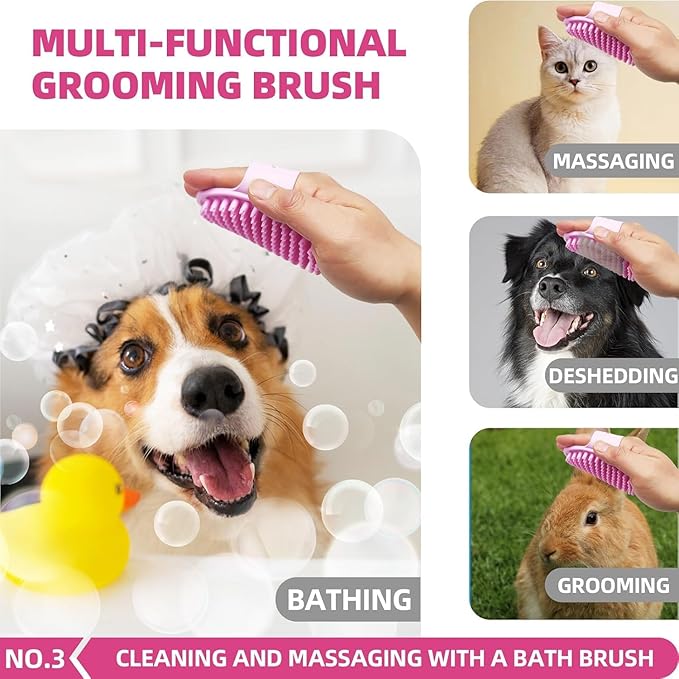 Bath Grooming Kit for Pets - Hair Brush Set with Towel, Washing Gloves, and Shampoo Scrubber Brush for Dogs and Cats (Pink)-PawvioPets