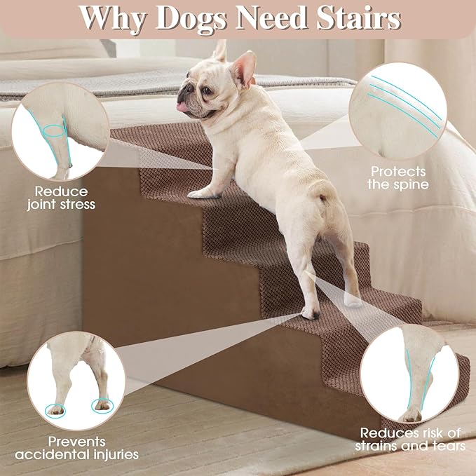 GGIB Dog Stairs for Small Dogs Cats Non-Slip Dog Steps for High Bed Pet Stairs for Sofa Couch Pet Ramp Pet Steps with Removable Washable Cover, Brown, 22" H, 5-Step-PawvioPets