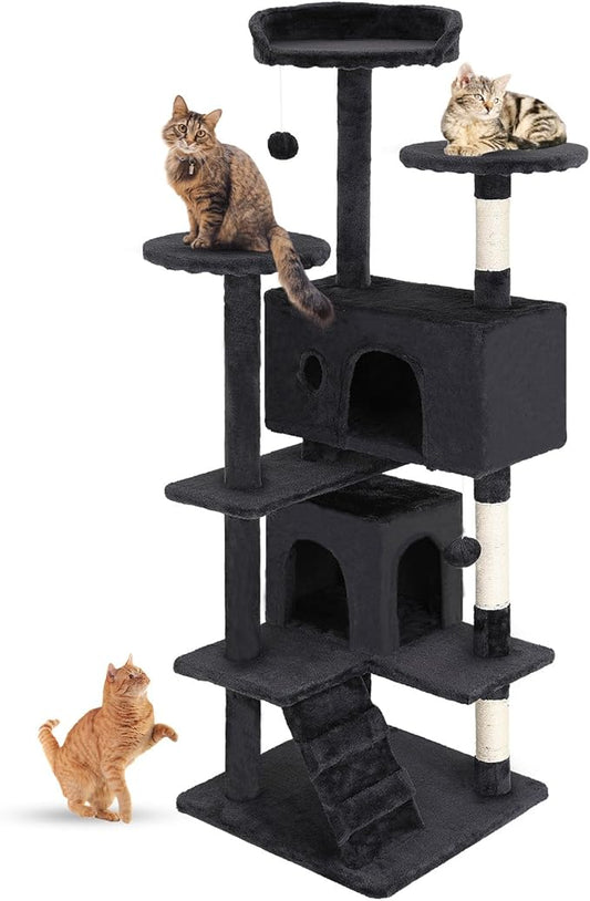 FDW Cat Tree 54in Cat Tower Multi-Level Durable Cat Scratching Post & Cozy Fun Cat Jumping Platform Space Saving Cat Condo Pet Play House for Indoor Cats,Dark Gray-PawvioPets