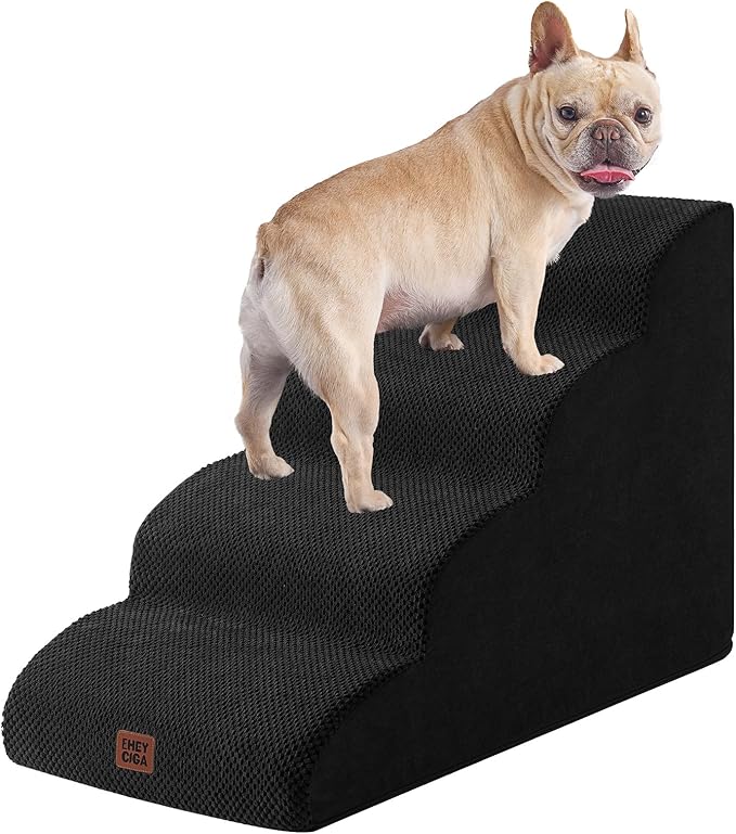 EHEYCIGA Curved Dog Stairs Ramp for High Beds 19.7" H, 4-Step Dog Steps for Small Dogs and Cats, Pet Stairs for High Bed Climbing, Non-Slip Balanced Pet Step Indoor, Black-PawvioPets