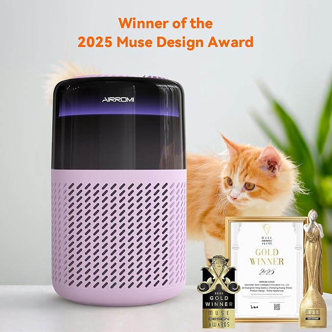 AIRROMI Air Purifier for Bedroom Home,HEPA Filter,Covers Upto 549 Ft²,Quiet 360°intake Air Cleaner with Fragrance ponge for Better Sleep,Night Light,Filters Smoke,Pet Dander,Allergies,Dust,A2005Purple-PawvioPets
