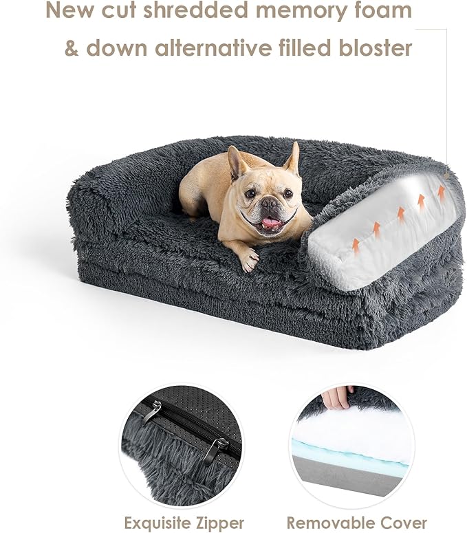EHEYCIGA Foldable L Dog Bed, Faux Fur Fluffy Dog Couch Bed, Orthopedic Calming Memory Foam L Pet Bed for Large Dogs, Washable Soft Warm Pet Sofa Bed with Non-Slip Bottom, Dark Grey, 40"x30"x6"-PawvioPets
