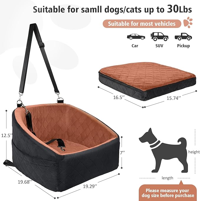 Dog Car Seat for Small Medium Dogs,Detachable Washable Dog Booster Seat Under 30lbs, Pet Car Seats Travel Bed with Storage Pockets and Safety Belt(Black/Z)-PawvioPets