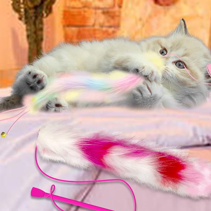 2 Pack Cat Wand Toy, Rainbow Cat Feather Toys with Bells, Teaser Wand with Soft Furry Tail, Interactive Toys for Indoor Cats & Kitten & Kitty-PawvioPets