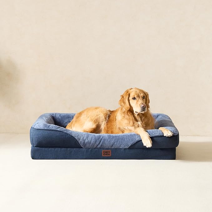 EHEYCIGA Memory Foam XL Dog Bed for XLarge Sized, Extra Large Orthopedic Dog Sofa with Sides and Waterproof Liner, Washable Bolster Pet Couch with Removable Cover, 42x30x7.5 Inch, Navy-PawvioPets