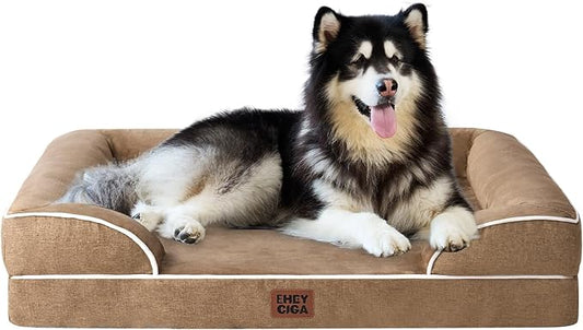 EHEYCIGA Orthopedic XL Dog Beds, Waterproof Memory Foam Dog Bed for Extra Large Dogs, Non-Slip Bottom and Egg-Crate Foam Big Pet Couch Bed with Washable Removable Cover, Camel-PawvioPets