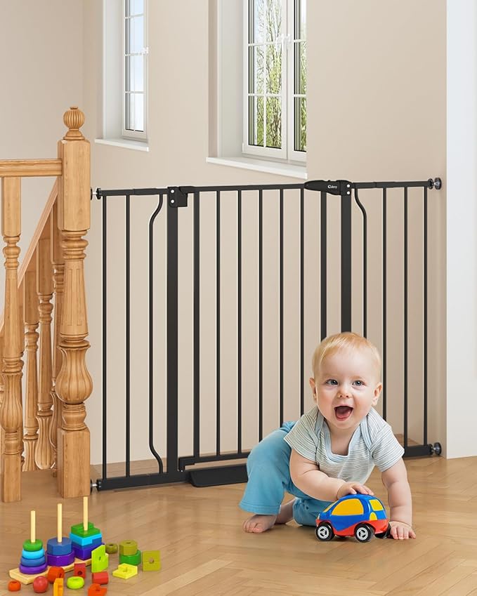 29"-45" Baby Gate for Stairs, Auto Close Stroller Friendly Dog Gate Indoor for Doorways, Pressure Mounted Baby Gate, Easy Walk Through Gate for Children & Pets, Black-PawvioPets