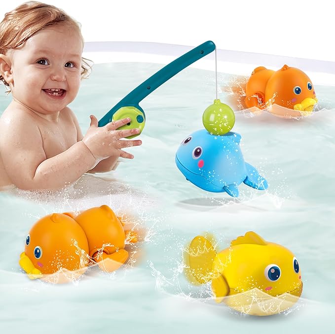Dwi Dowellin Bath Toys for Toddlers, Magnetic Fishing Games Kids Bathtub Toys, Mold Free Wind-up Toys Swimming Fish Duck Whale Floating Water Toys for Kids Baby Infant-PawvioPets