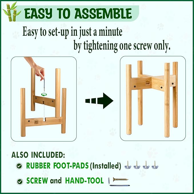 Dog Bowl Stand for Large Breed - 14-inch High, Adjustable Sideways to Fit Various Sizes of Pet Food/Water Bowls, Slow Feeders, and Drink Fountains - Bamboo-PawvioPets