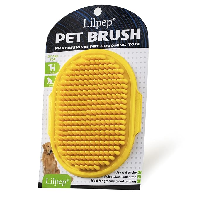 Dog Grooming Brush, Lilpep Pet Shampoo Bath Brush Soothing Massage Rubber Comb with Adjustable Ring Handle for Long Short Haired Dogs and Cats (Yellow, pack of 1)-PawvioPets