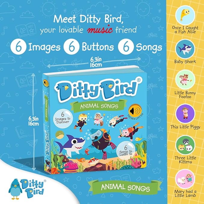 Ditty Bird Animal Songs Book for Toddlers – Interactive Sound Book with Baby Shark & More | Musical Board Book for 1-3 Year Olds | Fun, Realistic Animal Sounds | Sturdy Sensory Book for Baby-PawvioPets