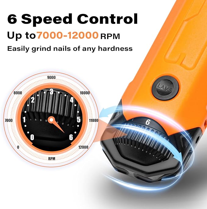 Casfuy 6-Speed Dog Nail Grinder - Newest Enhanced Pet Nail Grinder Super Quiet Rechargeable Electric Dog Nail Trimmer Painless Paws Grooming & Smoothing Tool for Large Medium Small Dogs (Orange)-PawvioPets