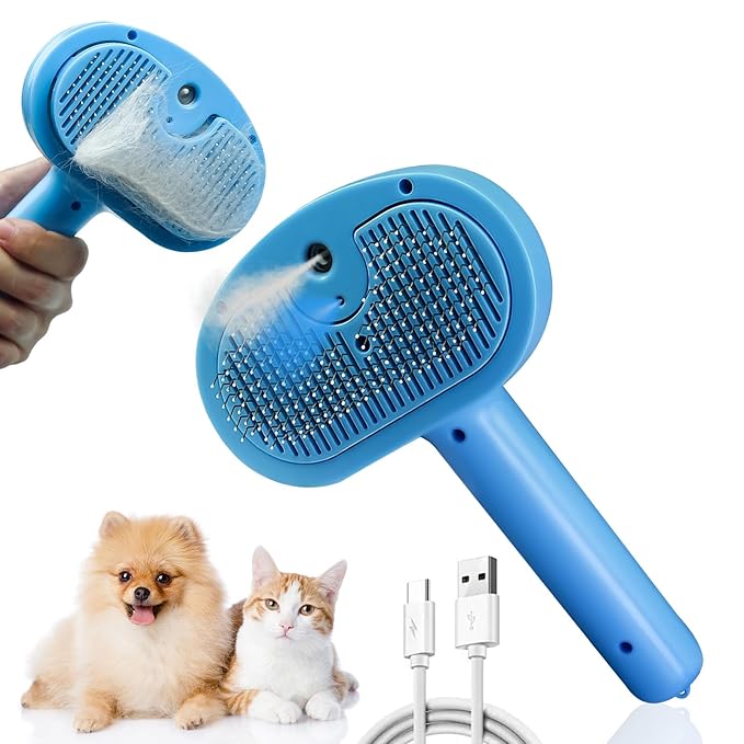 5-in-1 Pet Steam Brush for Cats & Dogs – Grooming, Shedding, Massage & One-Touch Clean for Short & Long Hair Pets – Electric Cat Brush with Comb & Steam (Blue)-PawvioPets