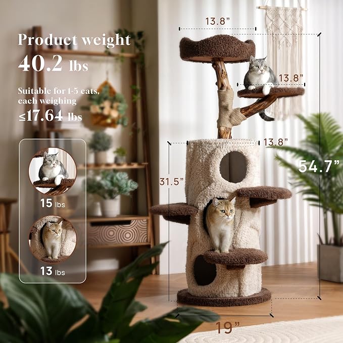 54.7'' Tall Modern Wood Cat Tree with 3 Level House, Luxury Cat Tower for Home Decoration, Large Cat Condo for Multi-Cat Families-PawvioPets