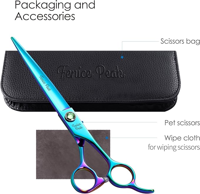 Fenice Peak 7.5'' Green Straight Dog Grooming Scissors Pet Shears with Ergonomic Offest Handle and Simulated Emerald Screw 440C Grooming Scissors Trimming Shears Durable and Sharp-PawvioPets