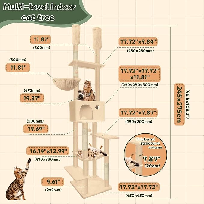 96.5"-108" Cat Tree Floor to Ceiling 7-Tier Cat Tower Adjustable Height with Scratching Posts, Cozy Hammock, Cat Condo for Indoor Cats(Beige)-PawvioPets