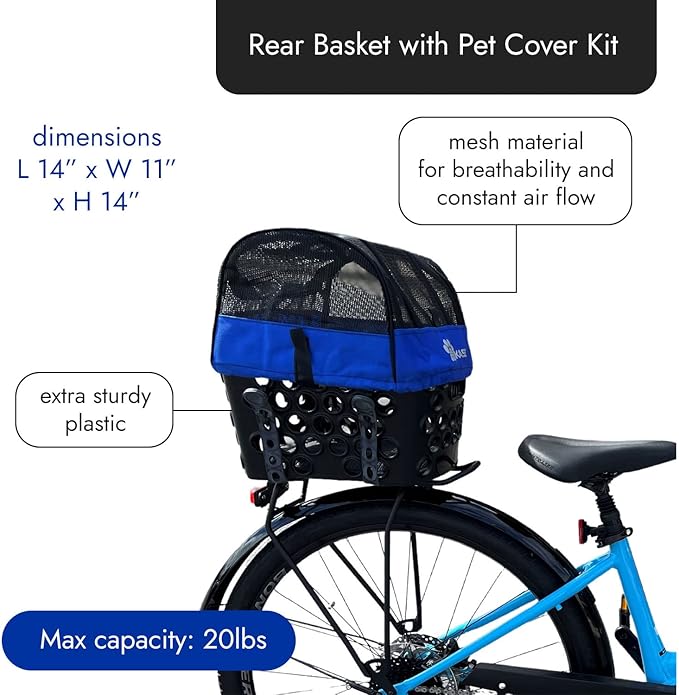 BiKASE Durable Dog Bike Basket & Carrier, Rear Mount Pet Basket for Bikes with Super Comfort Mat and Cover, Ideal for Small Dogs and Cats up to 12 lbs-PawvioPets