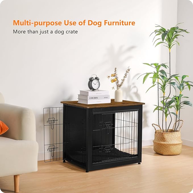 DWANTON Dog Crate Furniture with Cushion, Wooden Kennel Table with Double Doors, Indoor Dog House, Small/Medium/Large Size, 27.2" L, Black+Warm Brown-PawvioPets