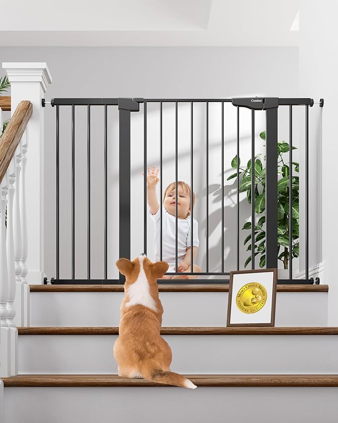 Cumbor 29.7-48" Baby Gate for Stairs, Mom's Choice Awards Winner-Dog Gate for Doorways, Auto Close Safety Pet Gate for Dogs Indoor, Easy Install Pressure Mounted Child Gate with Walk Thru Door, Black-PawvioPets