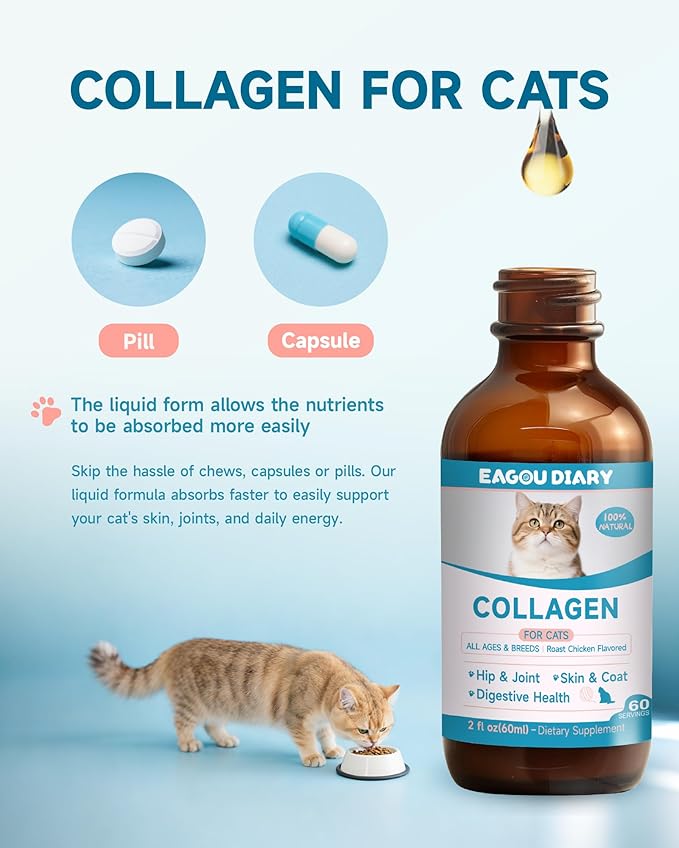 Collagen for Cats - Hip and Joint Supplement, Digestive & Immunity Support, Skin & Coat Health, Liquid Collagen for Cats with MSM, Glucosamine, Coconut Oil, Vitamin E, Roast Chicken Flavored, 60ml-PawvioPets