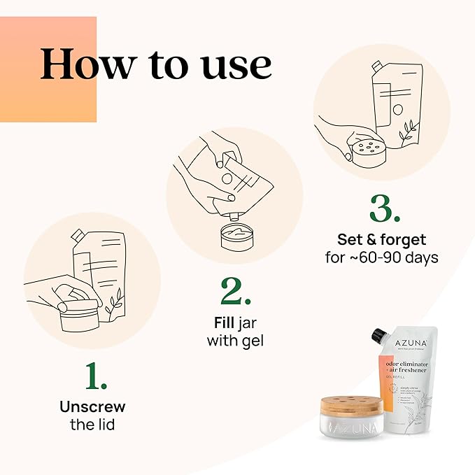 Azuna Air Freshener & Odor Eliminator for Strong Odor | 1 Room Kit Includes (1) Empty Luxe Glass Jar & 8oz Refill with Tea Tree Essential Oil Gel | Simply Citrus | Last 60-90 Days-PawvioPets