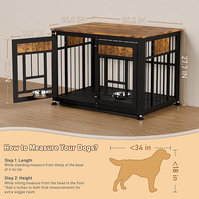 Dog Crate Furniture End Table 38 Inch Hidden Kennel Cabinet with Removable Tray, Thickened Metal Frame Dog Cage, Dual-Purpose Pet House & Nightstand for Living Room-PawvioPets