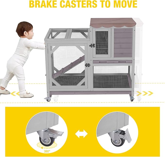AIVITUVIN 2-Story Rabbit Hutch Indoor for 2-4 Rabbits & Guinea Pigs Wooden Small Animal Cage Guinea with Chew-Proof Design & Slide-Out Trays Bunny Cage with Lockable Wheels-PawvioPets