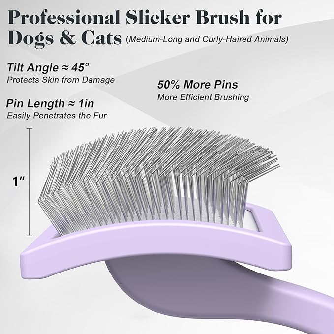 2PCS Slicker Brush for Dogs & Pet Comb,Professional Dog Grooming Brush (Goldendoodles,Poodles,Labradoodles) with Extra Long Pins to Effectively Remove Tangles, Knots and Mats (Light Purple)-PawvioPets