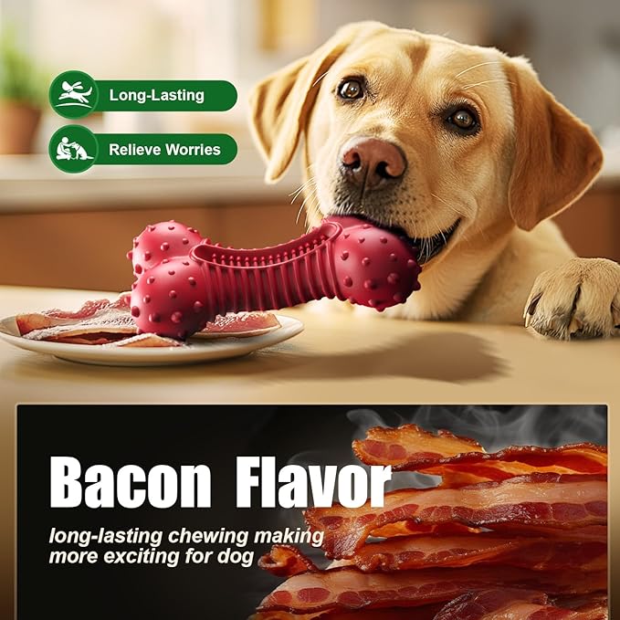 Dog Toys for Aggressive Chewers, Dog Chew Toys for Medium Large Dogs, Durable Natural Rubber Dog Toys with Bacon Flavor, Indestructible Dog Toy, Red-PawvioPets