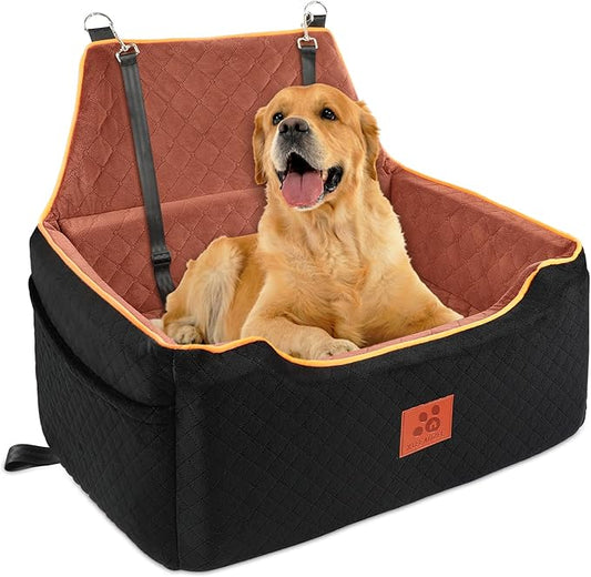 Dog Car Seat for Large/Medium Dog, Booster Seat for Dogs Under 55Lbs or 2 Small, Detachable and Washable Travel Pet Seat with Thick Cushion and Storage Pockets (Black/Brown)-PawvioPets