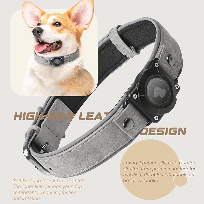 AirTag Dog Collar - Leather Dog Collar with Air Tag Holder | IPX8 Waterproof, Reflective, High - End, Adjustable Soft Padded | Dog GPS Tracker Collars Fit for Medium Large Dogs (Grey, L)-PawvioPets