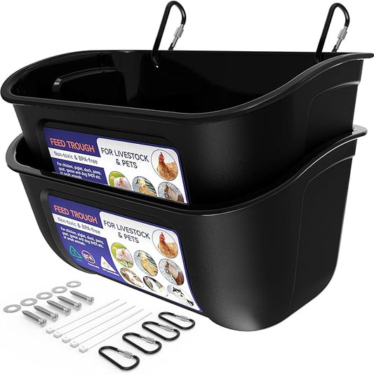 Goovilla Chicken Feeder Waterer, Hanging or Screw-in Fence Feeders with Clips, 2 Pack 5 Quart Goat Feeding Supplies, Duck Piglet Sheeple Coop Dog Livestock Poultry Plastic Feeder Trough Bucket, Black-PawvioPets