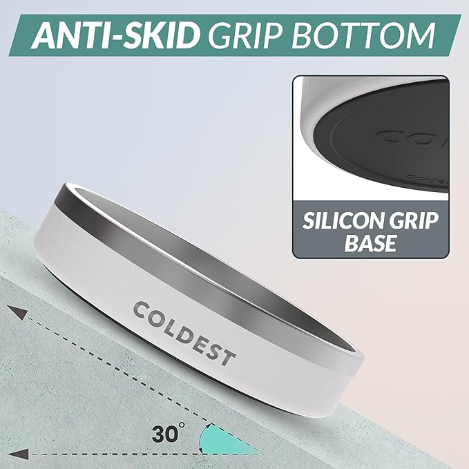 Coldest Dog Bowl - Anti Rust Metal, Non Slip, 3 Layers Insulated Stainless Steel Dog Bowls - Spill Proof & Heavy Duty - Water Bowl for Dogs, Cats & Pets, Dish Washer Safe (21 oz, Epic White)-PawvioPets