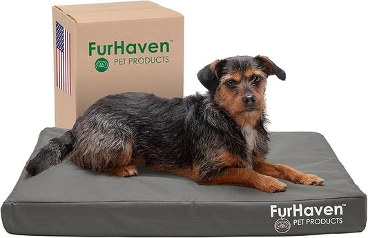 Furhaven Water-Resistant Cooling Gel Dog Bed for Medium/Small Dogs w/ Removable Washable Cover, For Dogs Up to 35 lbs - Indoor/Outdoor Logo Print Oxford Polycanvas Mattress - Stone Gray, Medium-PawvioPets