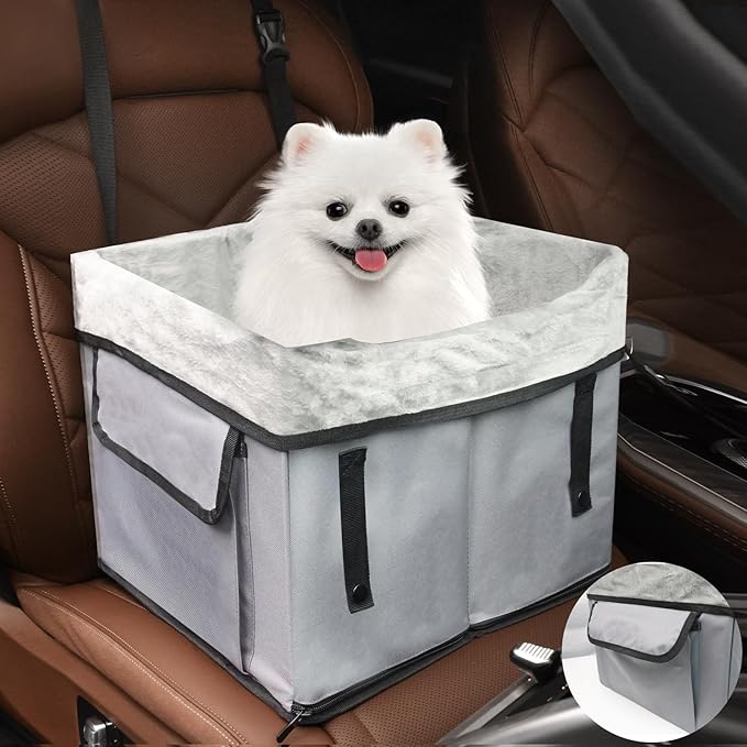 Eunice Small Dog Car Seat, 15.5 in (L) X 14.6 in (W) X 13 in (H) Washable Detachable and Portable Dog Booster Car Seat with Clip-on Safety Leash, Puppy Car Seats Storable Bottom Layer - Up to 25 lbs-PawvioPets