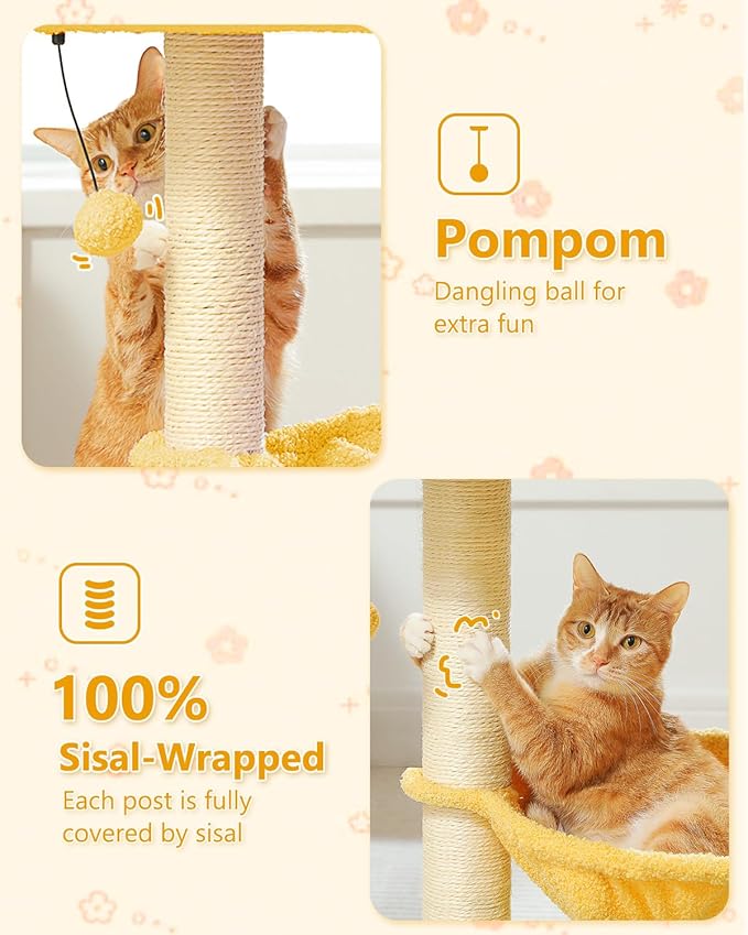28" Flower Cat Tree Cute with Flower Top Perch, Large Hammock for Indoor Small Cats, Small Cat Tower with Cute Scratching Post and Fur Toy Ball for Kittens, Yellow-PawvioPets