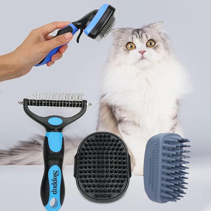 Dog Brush Kit for Grooming Short & Long Haired Dogs & Cats, 4-in-1 Pet Grooming Set with Self-Cleaning Slicker Brush, Deshedding Tool, Shampoo Bath Comb, Massge Comb (Blue Black)-PawvioPets