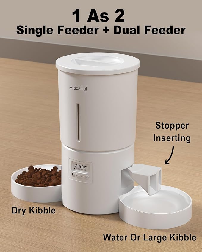 Dual Automatic Cat Feeder 2 Cats,6 Meals/Day,12 Portions/Meal,4.2L Dual Power Double Bowls Feeder,Dry Food Auto Pet Dispenser,10S Voice Record,Flexible Schedule Timer (White,Basic Dual Bowls)-PawvioPets