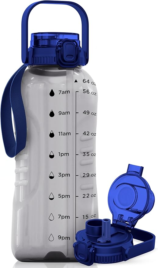 AQUAFIT 64 oz Water Bottle with Time Marker - 2in1 Straw & Chug Lid - BPA Free Big Water Bottle with Straw - Gym Water Bottle with Strap - Water Jug (64 Ounces, Clarity)-PawvioPets