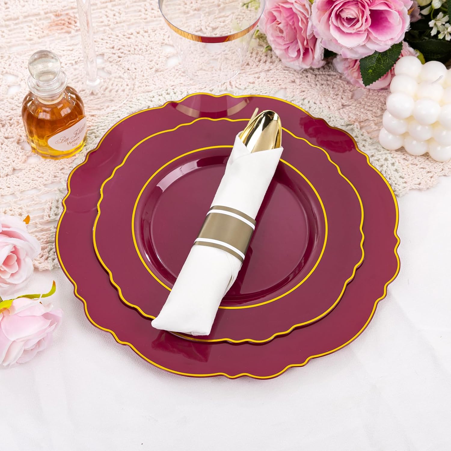 Liacere 350PCS Red Plastic Plates-Disposable Burgundy Red and Gold Plates 50guest Baroque Plastic Dinnerware include 100Plates, 50Pack Pre Rolled Napkins with Silverware 50Cups for Girlfriends' Day