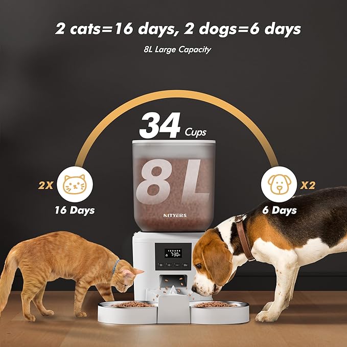 Automatic Cat Feeder for 2 Cats - 8L/34 Cups Large Capacity Auto Food Dispenser with LCD Screen, 2 Food Trays, Timed Cat Feeder, Up to 50 Portions 6 Meals Per Day, Keep Fresh, White-PawvioPets