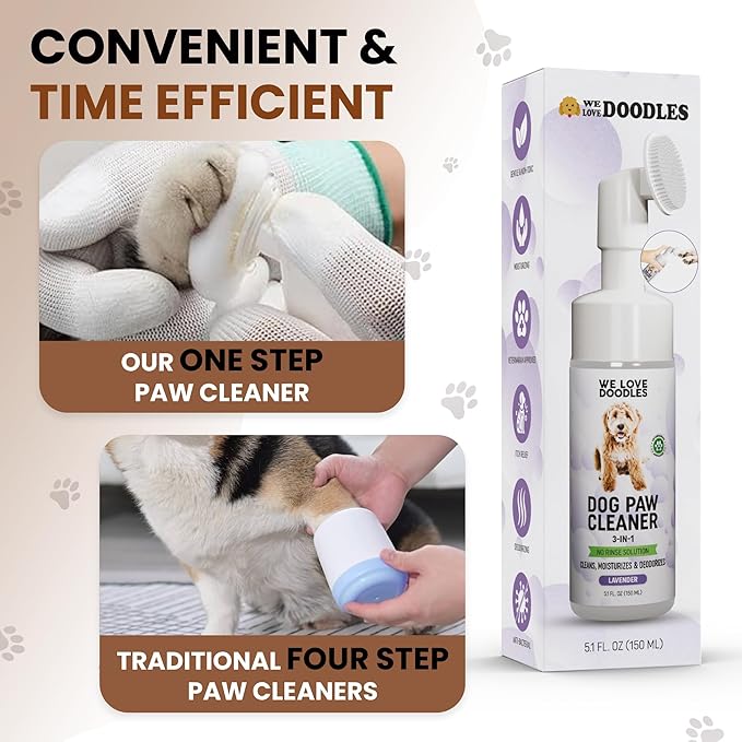 Dog Paw Cleaner (Over 100+ Feet Cleanings) No-Rinse Dog Foot Washer, Gentle and Safe Paw Cleaner for Dogs and Cats, Foam Formula, Moisturizes and Deodorizes, 150mL (Lavender) [We Love Doodles]-PawvioPets